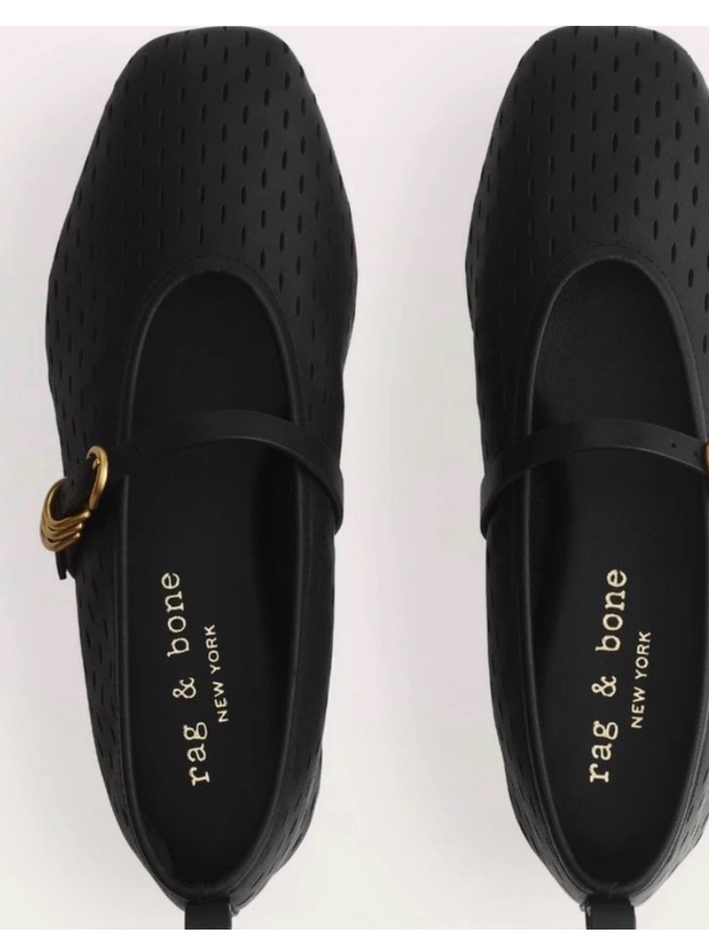 rag & bone Black Perforated Mary Jane Flats with Gold Buckle Accent